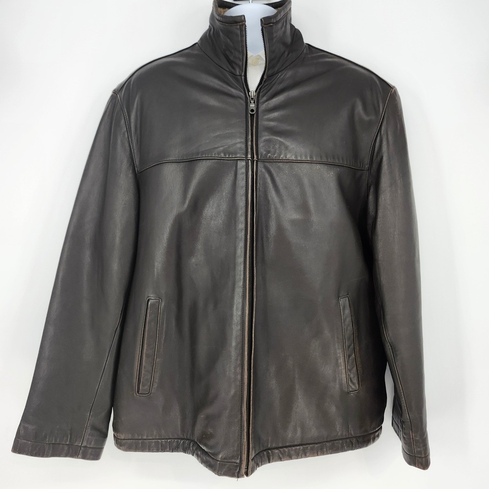 J Ashford Genuine Leather Sherpa Bomber Jacket Mens Size Large Tall Dark Brown